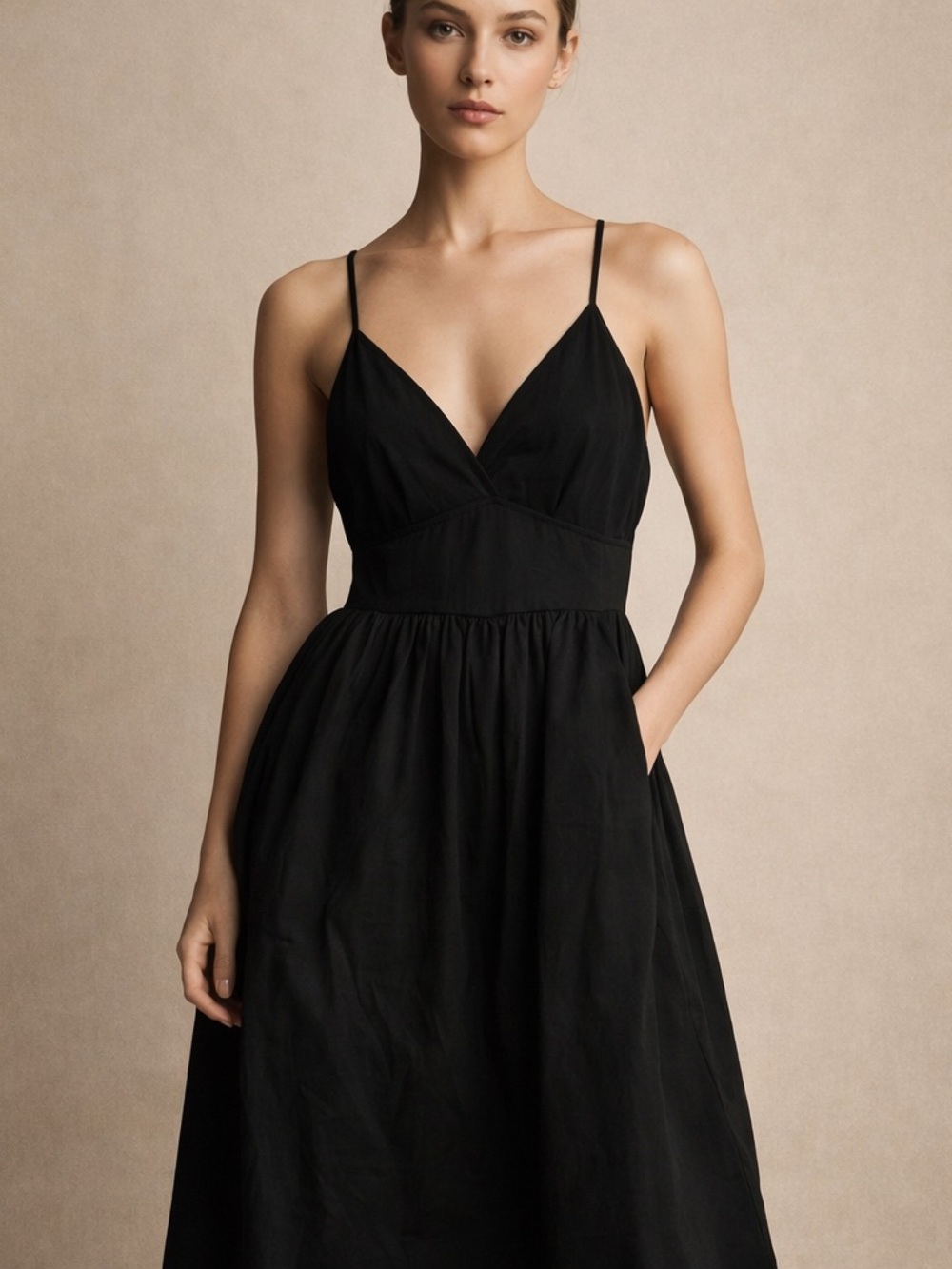 a new day Black Strapless-Look V-Neck Midi Dress with Spaghetti Straps